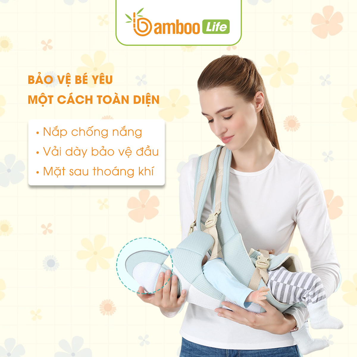 Địu em bé Bamboo Life BL031, địu 4 tư thế có đỡ cổ địu bé sơ sinh 0-36 tháng trợ lực, đa chức năng có ghế chống gù siêu nhẹ cho trẻ em đi xe máy, đi chơi, đi siêu thị an toàn