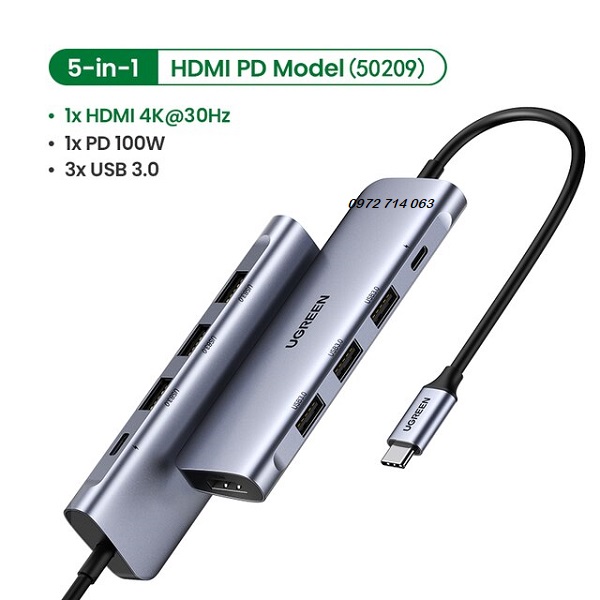 Bộ chuyển USB-C sang HDMI 4K30Hz kèm 3 cổng USB 3.0, 1 cổng sạc USB-C Cao Cấp Ugreen 50209 - hàng chính hãng