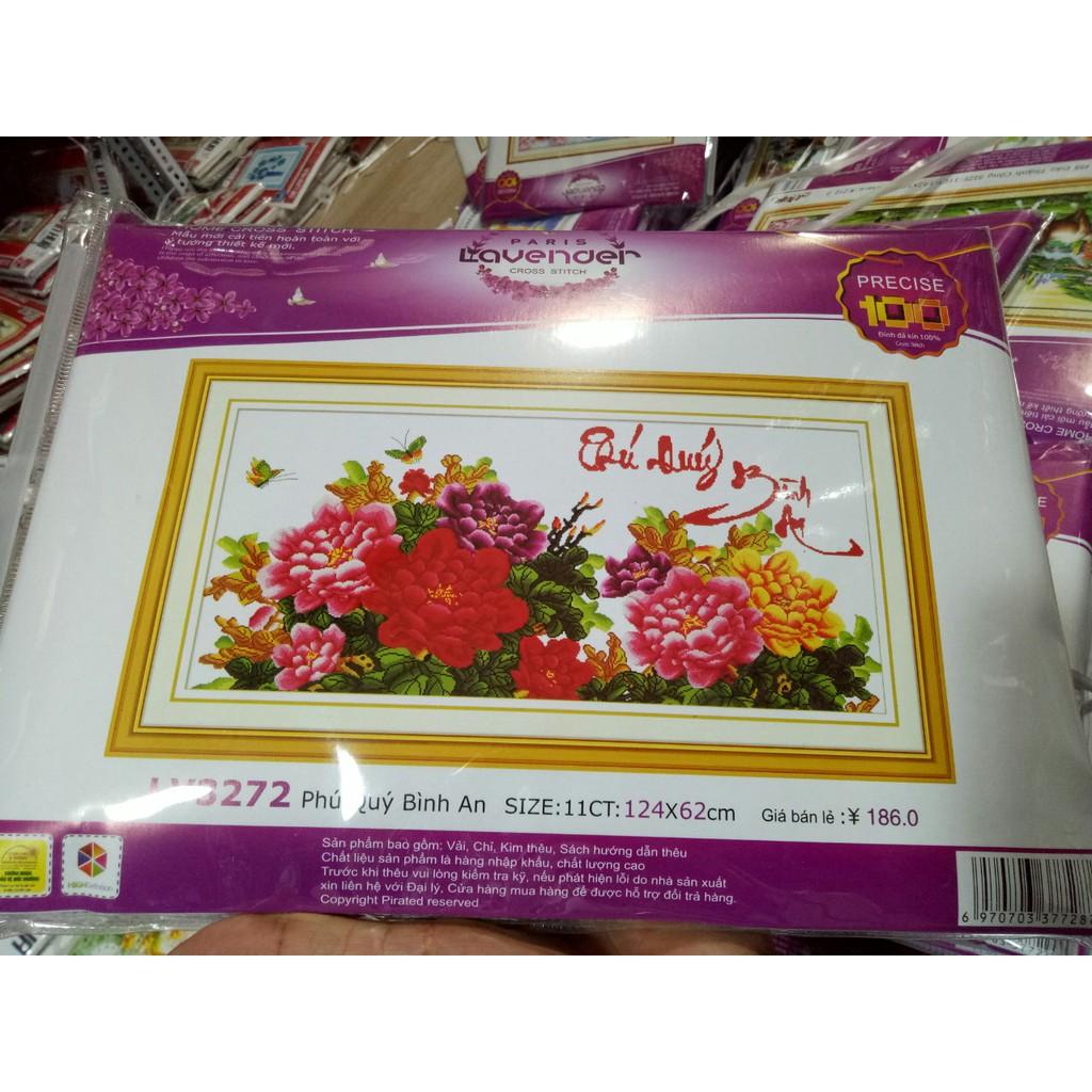 Tranh thêu chữ thập hoa mẫu đơn thư pháp phú quý bình an kt 124x62cm