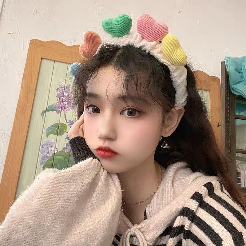 Băng đô rửa mặt trái tim dễ thương băng đô trái tim trang điểm Bờm cài tóc trái tim nhiều màu