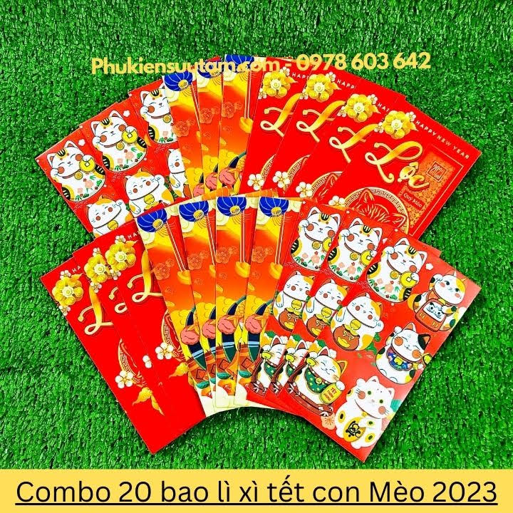 Combo 20 Bao Lì Xì Tết Con Mèo 2023, kích thước: 16cmx8cm, màu đỏ - SP000366