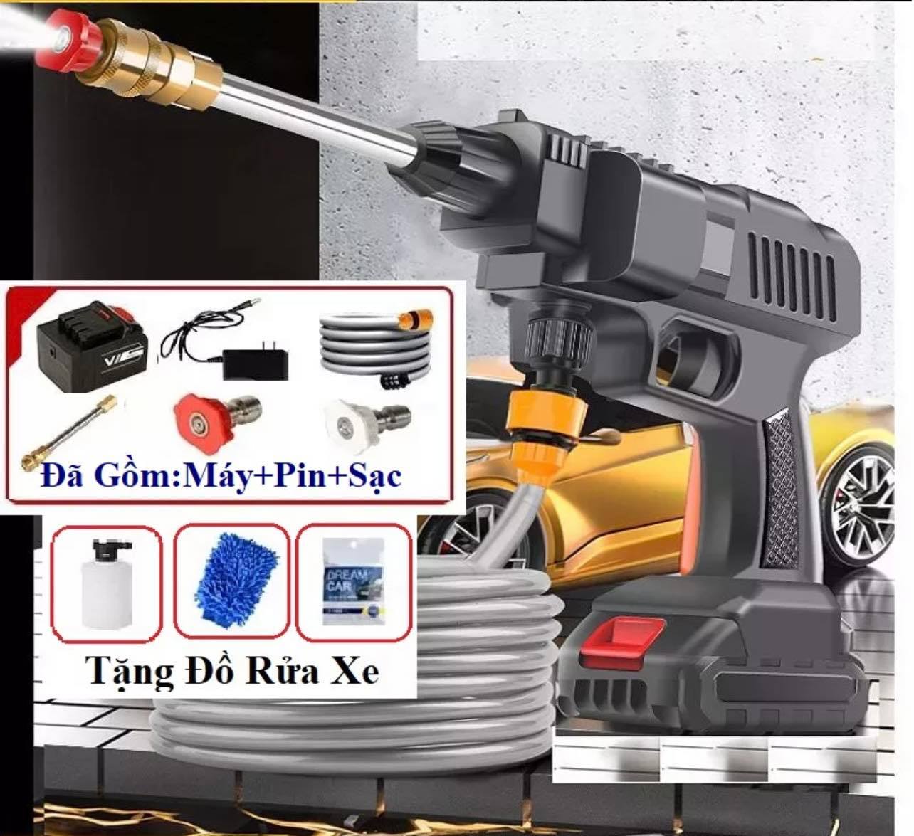 Máy rửa xe mini cầm tay dùng pin đa năng rửa xe, vệ sinh, tưới cây - Vòi phun áp lực mạnh công suất 1800WW