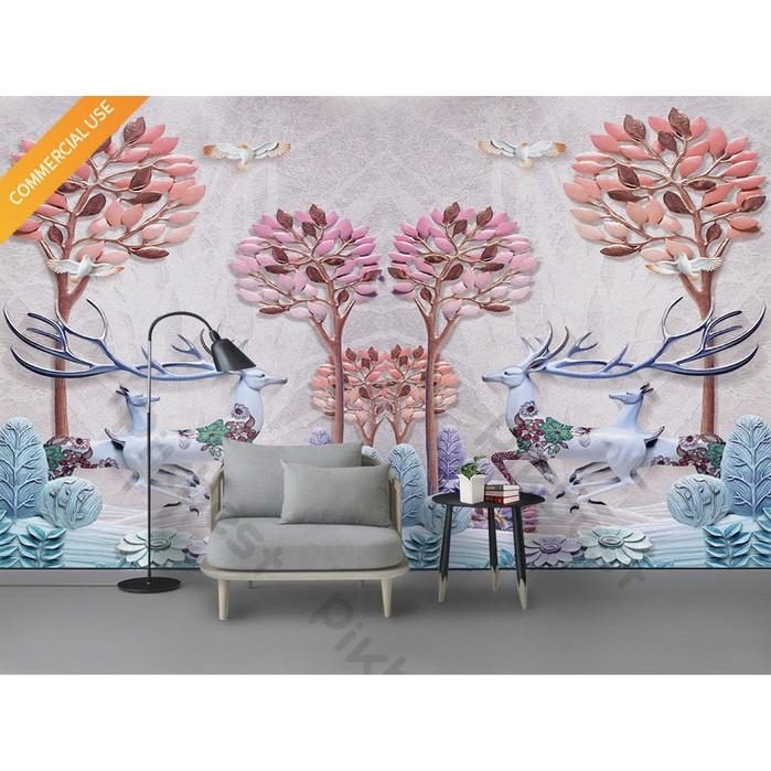 Tranh dán tường Phong cách Bắc Âu chim tường và hươu, Tranh dán tường 3d hiện đại MS911595