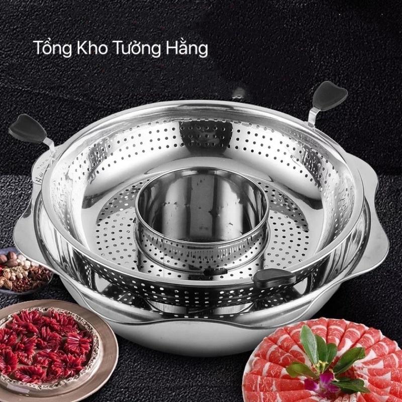 Nồi lẩu inox xoay 2 tầng Hàn Quốc, Nồi lẩu inox 2 tầng dùng được cả bếp từ và bếp gas, Xoong ăn lẩu đa năng