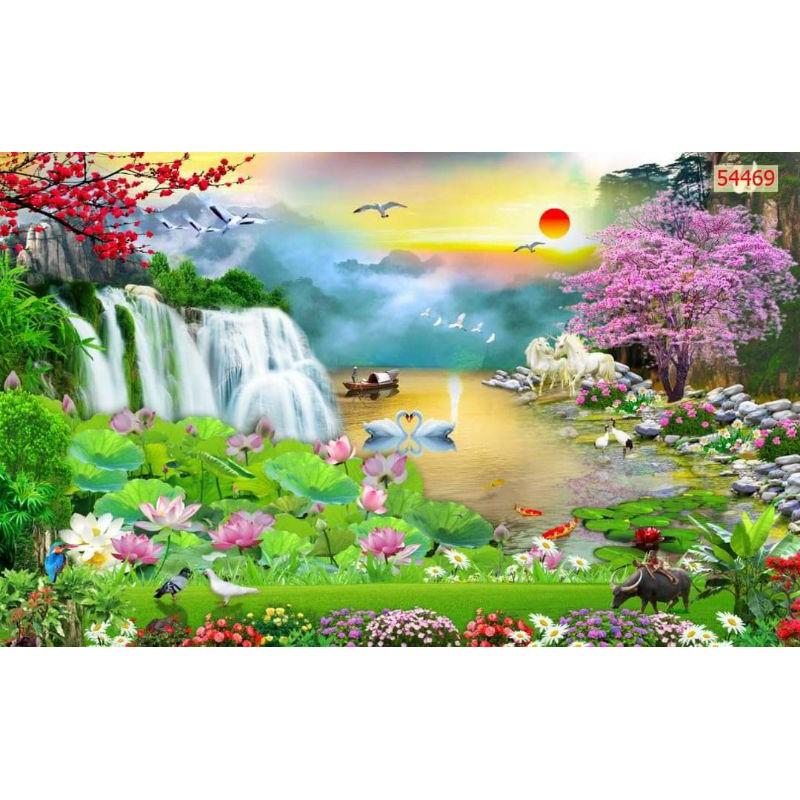 Tranh 3D dán tường in Vải Lụa phong cảnh thiên nhiên đẹp
