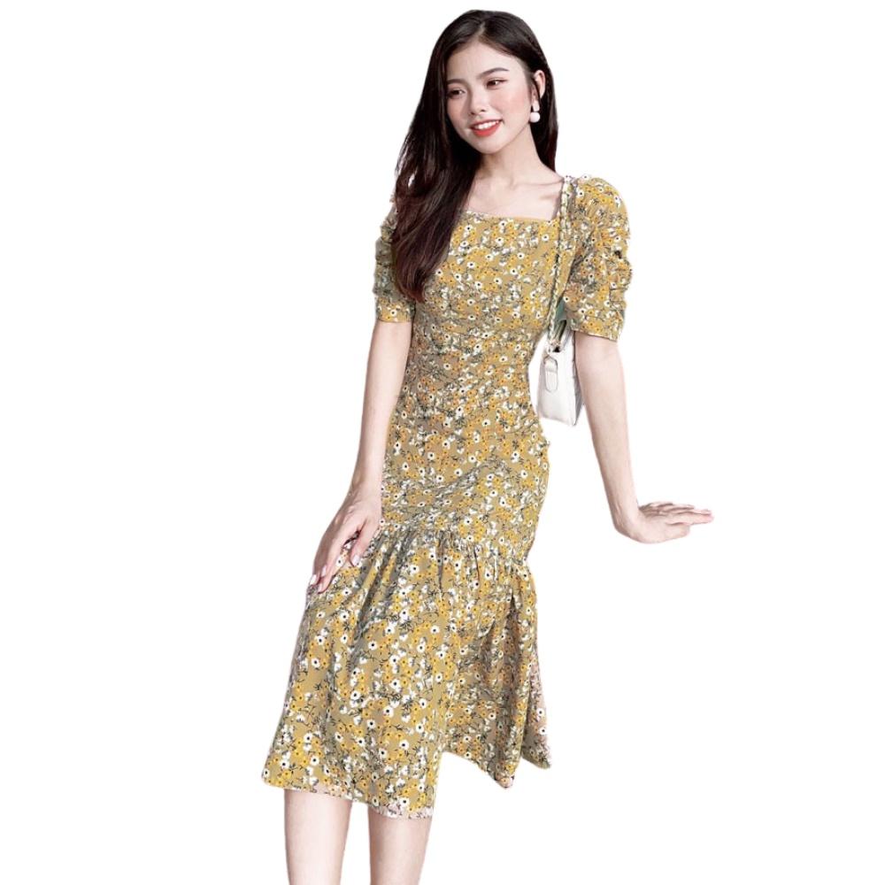 Đầm Váy Nữ Midi Cổ Vuông Hoa Nhí - QA00159