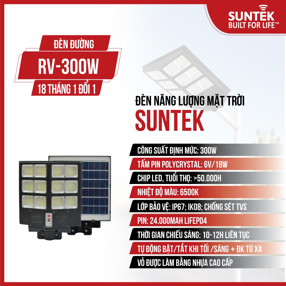 Đèn Đường Liền Thể Năng Lượng Mặt Trời SUNTEK RV-300W - Sáng cả đêm 10-12 giờ | Tự động Bật/Tắt | Điều khiển Từ Xa | Chống Nước/Bụi/Sét | Tuổi thọ bóng LED 50.000 giờ - Hàng Chính Hãng - Bảo hành 18 tháng 1 đổi 1