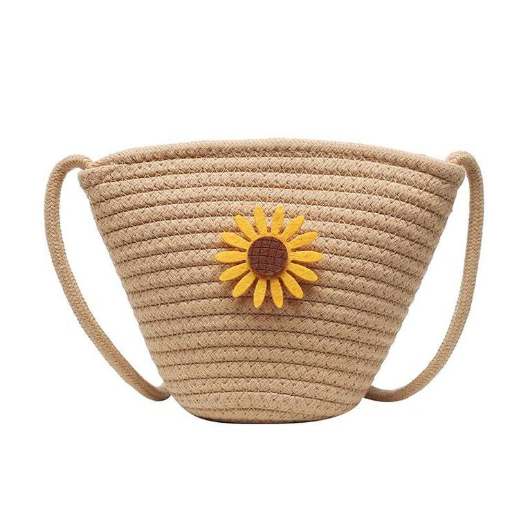 Straw Woven Bag Women's New Small Flower Woven Bucket Bag Mori Style Girl One-Shoulder Messenger Bag