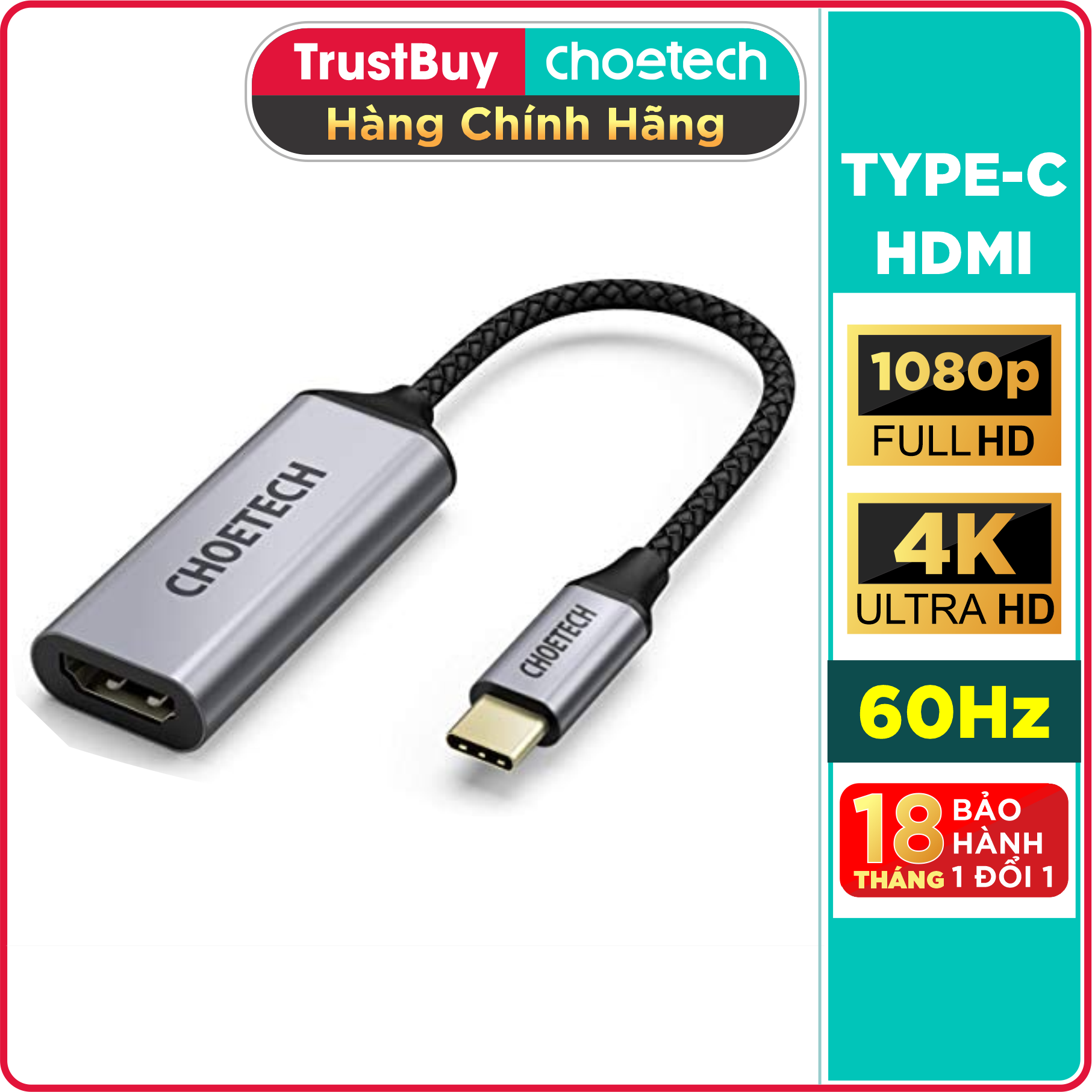 Hub Chuyển Đổi USB Type C to HDMI CHOETECH HUB-H10 Độ Phân Giải 4K 60Hz, 1080P Cho Tivi/Laptop/Playstation/PC - Hàng Chính Hãng