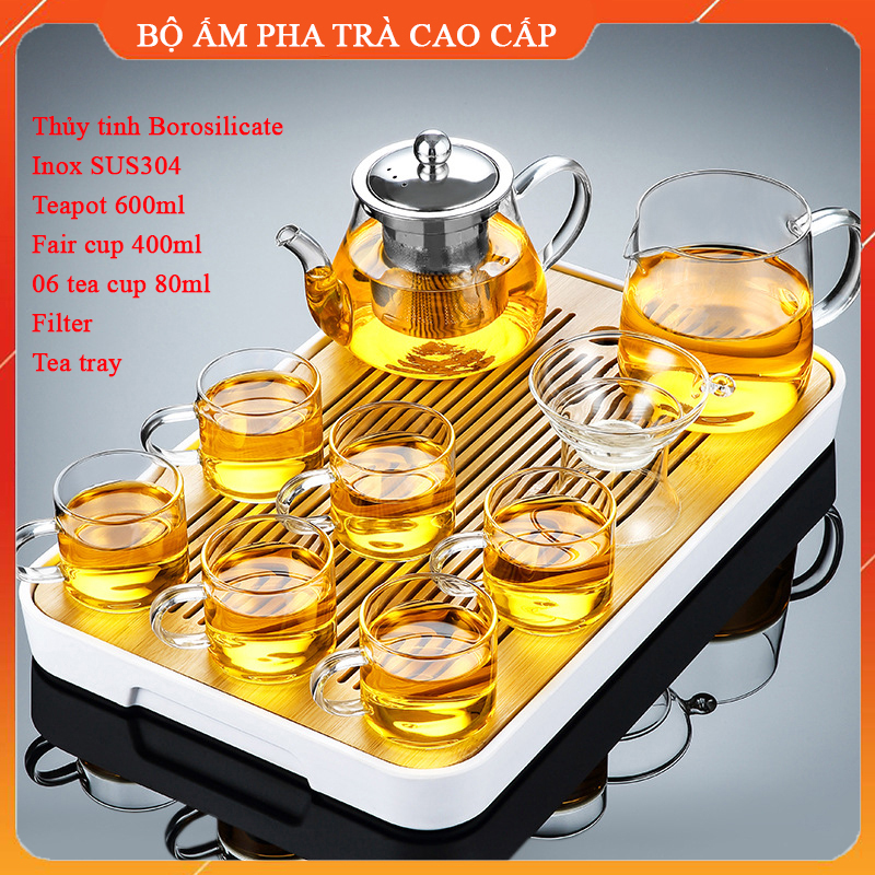 Bộ ấm chén uống trà cao cấp thuỷ tinh chịu nhiệt bộ ấm pha trà 10 món 600ml có lõi lọc khay trà gỗ tre tự nhiên