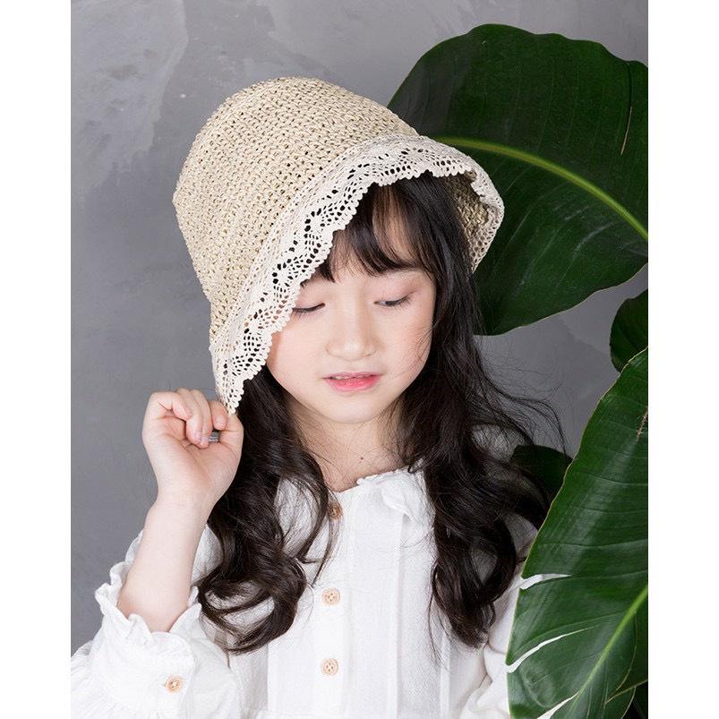 Nón mũ cói viền ren thắt nơ xinh phong cách Hàn Quốc cho bé freesize từ 1 đến 4 tuổi