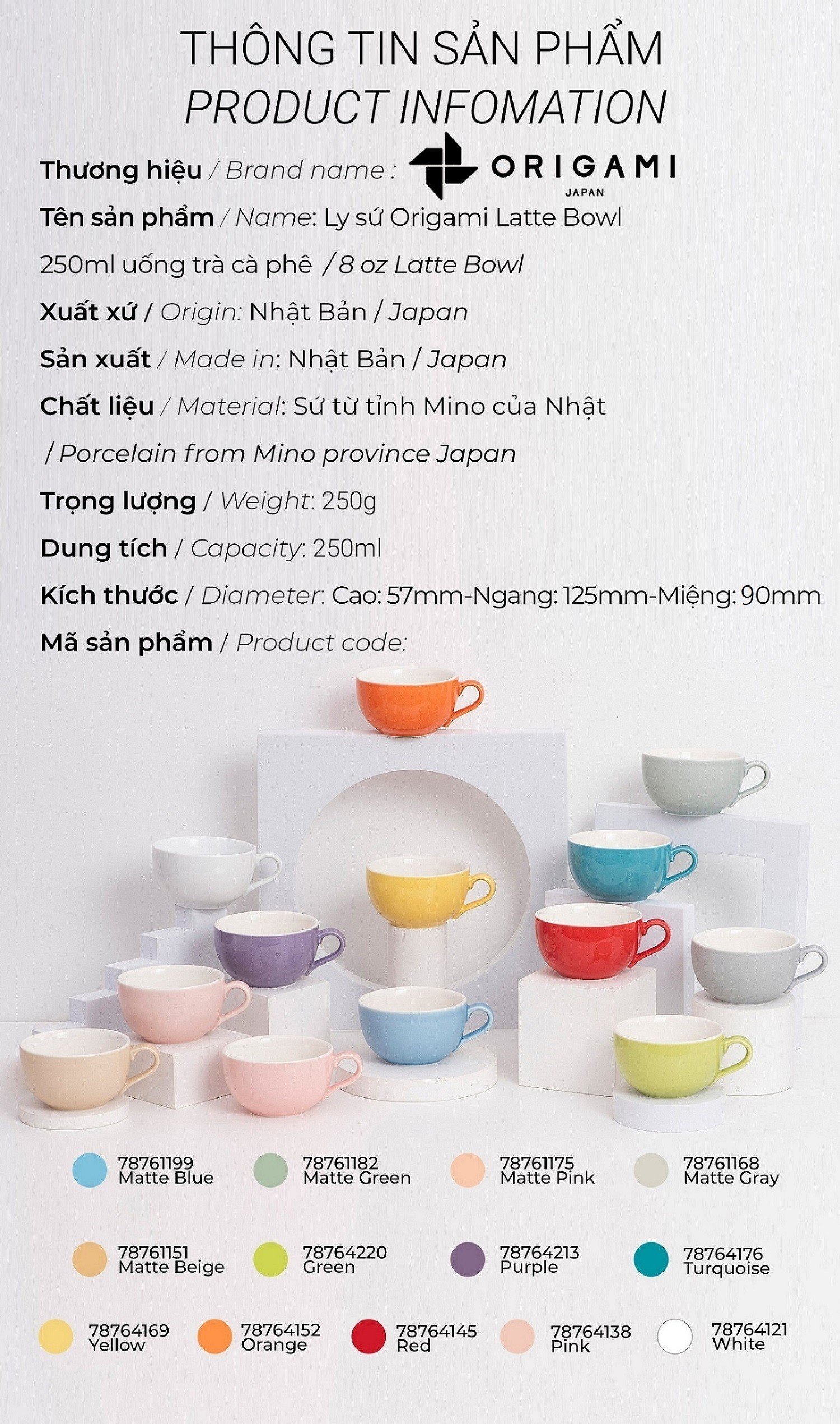 Ly sứ Origami Latte Bowl 250ml uống trà cà phê