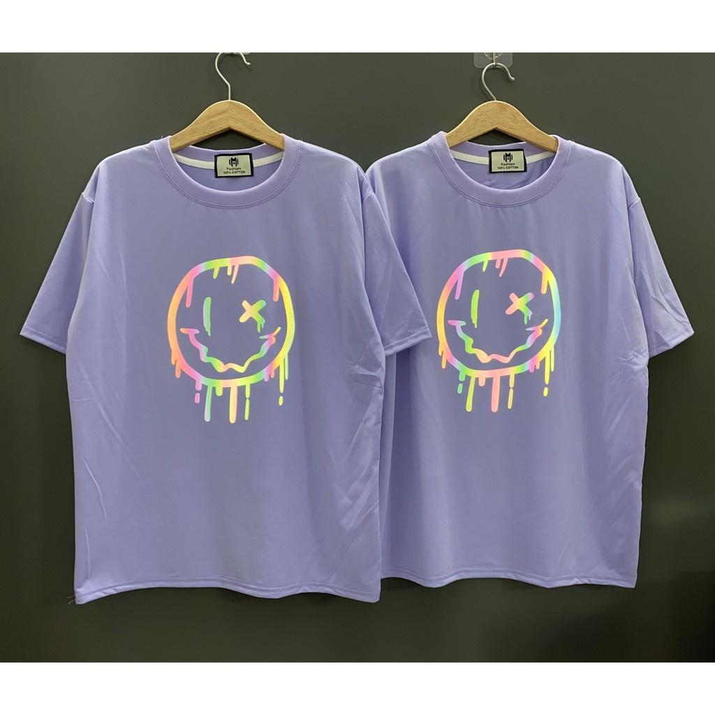 Áo thun mặt cười phản quang Tay Lỡ Unisex basic tee mùa hè phông trơn nam nữ oversize form rộng