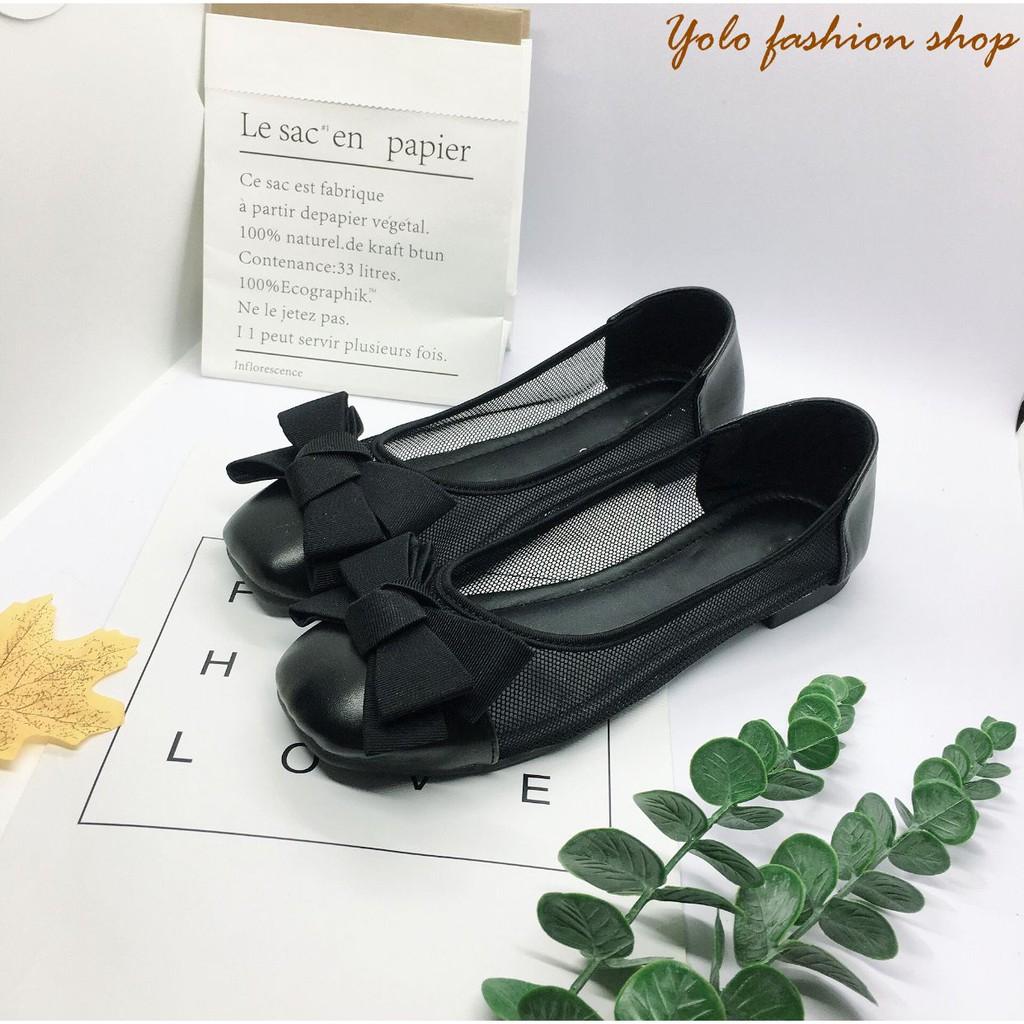 Hình thật-B11-Giày bệt búp bê nữ thoáng khí đính nơ phồng xinh xắn