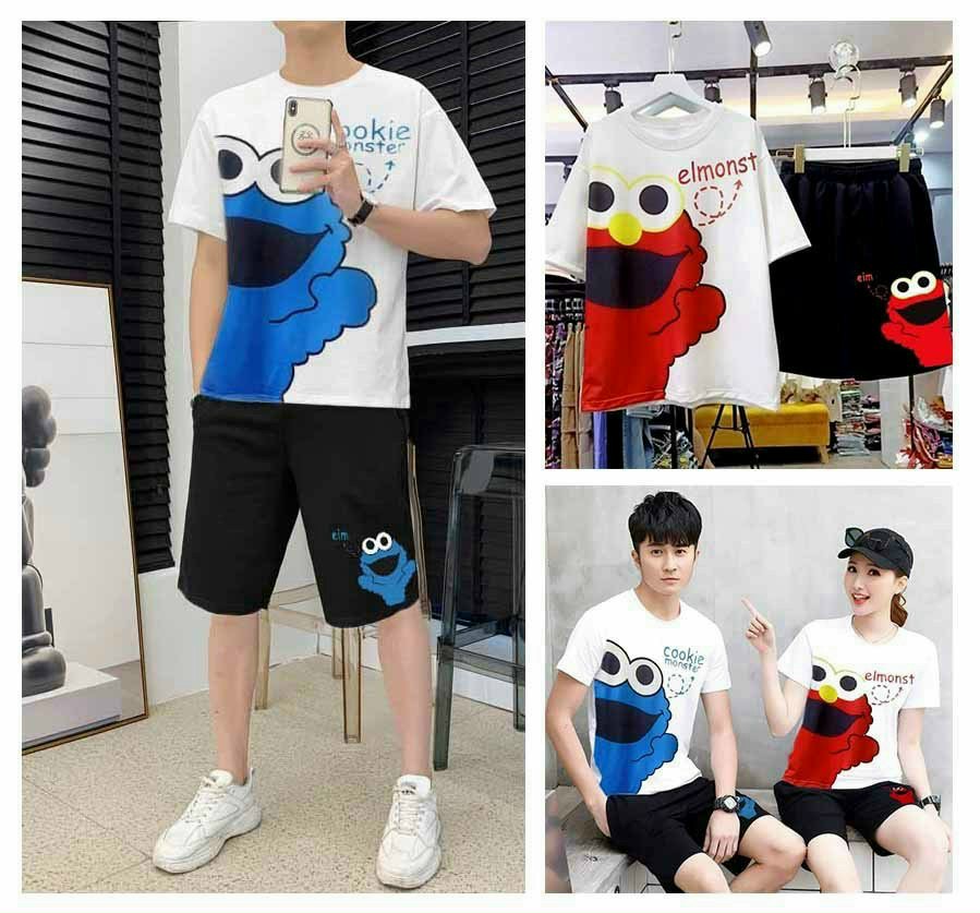 set đồ bộ đôi cookie, Sét bộ in hình thú COOKIE manster đáng yêu,  SET BỘ ELMOO + BỘ COOKIE MONSTER ÁO THUN TRẮNG QUẦN ĐÙI ĐŨI ĐEN HOT, Set Đồ Bộ Elmo-cartoon 3D Cute DB03, đồ bộ mặc nhà nam nữ