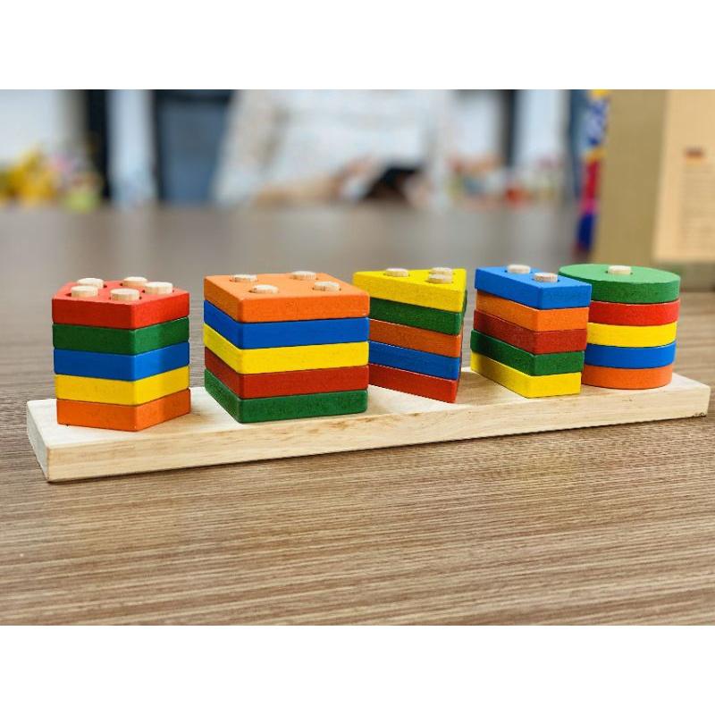 ĐỒ CHƠI MONTESSORI 5 CỌC HÌNH KHỐI-Đồ chơi gỗ an toàn, sáng tạo, phát triển trí tuệ, thông minh cho trẻ