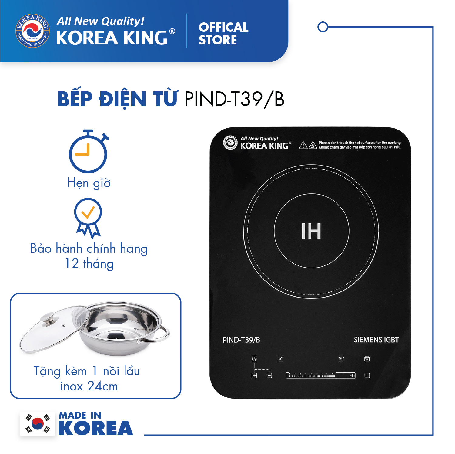 Bếp điện từ Korea King PIND-T39B (bếp đơn, mặt kính cường lực, công suất 2000W ) - Hàng chính hãng