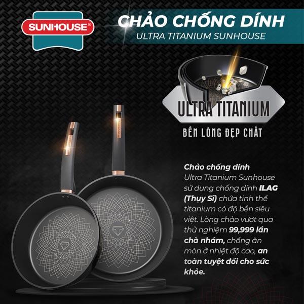 Chảo chống dính đáy từ Ultra Titanium Sunhouse ST20B, ST26B, ST28B, ST30B, Chống dính Ultra Titanium có độ bền 15 năm