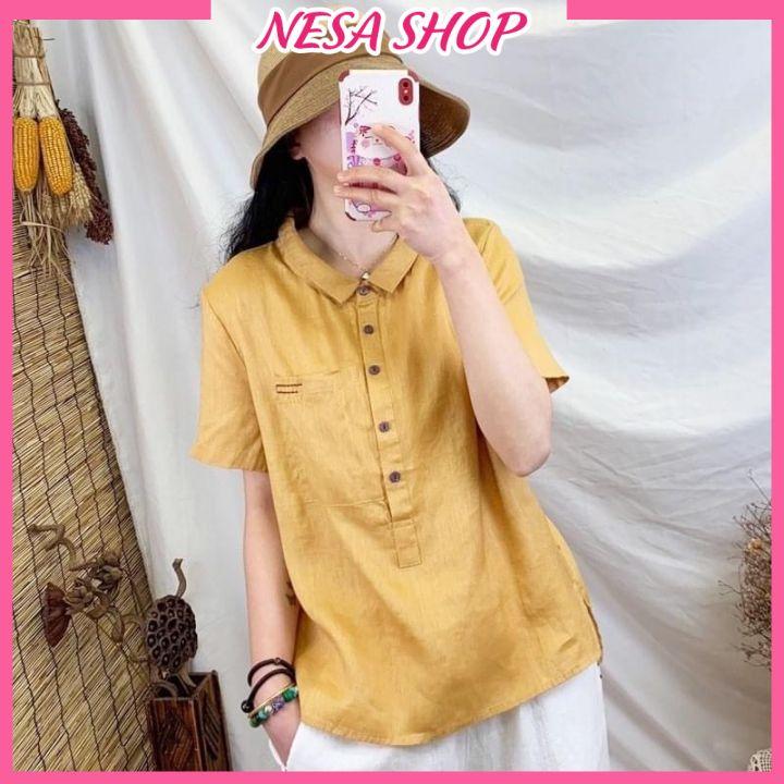 Áo sơ mi nữ tay ngắn NeSa Shop, áo kiểu nữ, chất liệu Đũi tơ mềm mát, áo sơ mi kiểu form trẻ trung AKS.49