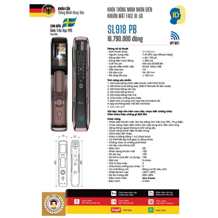 Khóa thông minh nhận diện khuôn mặt Face ID 3D , vân tay, thẻ từ, mật khẩu công nghệ Đức Demax SL918 PB