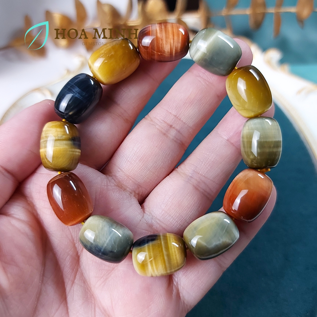 Vòng tay đá Mắt Hổ tam tài VIP thiên nhiên kiểu lu thống size 12x16mm phong thủy tài lộc