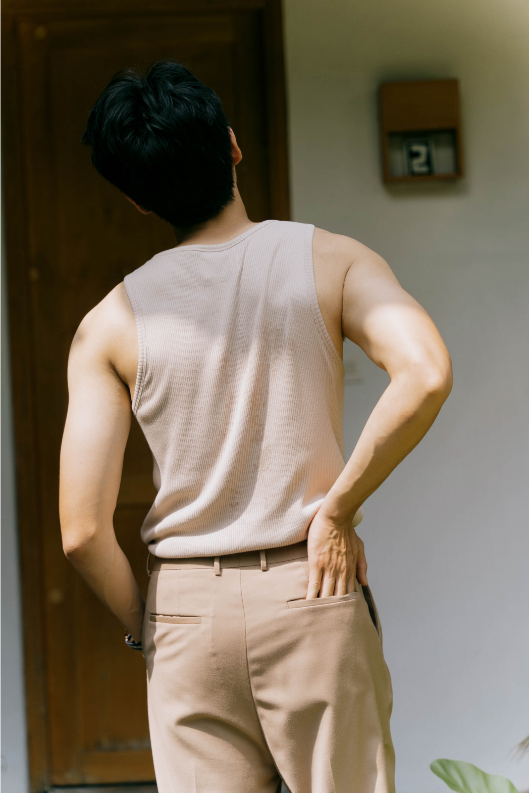 Áo Thun ba lỗ ROUTINE Tanktop Nam Sát Nách Kẻ Sọc Gân Trơn Form Slim màu Be - 10S23TTO001 | LASTORE MENSWEAR