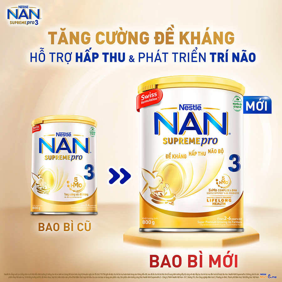 Sữa bột Nestlé NAN SupremePro 3 nhập khẩu từ Đức với 5HMO giúp tăng đề kháng, đạm Gentle Optipro giúp dễ hấp thu & ngừa nguy cơ dị ứng