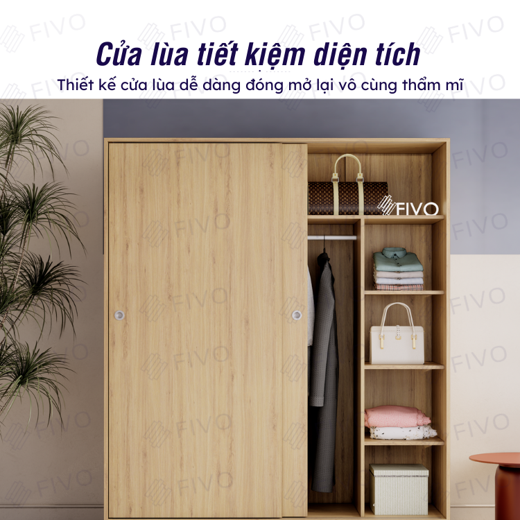 Tủ Treo Quần Áo Cửa Lùa Gỗ MDF Chống Ẩm Cao Cấp FC31 FIVO, Nhiều Ngăn Đựng Đồ, Không Gian Hộc Tủ Trên Rộng Rãi