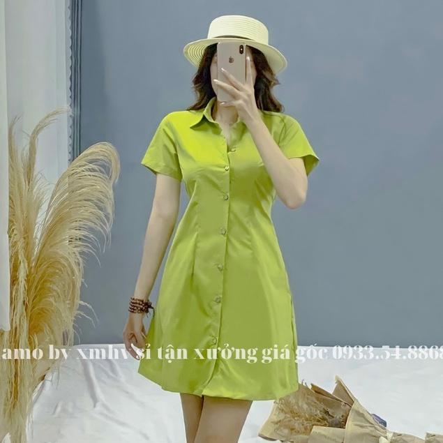 Đầm váy nữ basic cổ sơ mi cài cúc chiết eo lưng chun nhiều màu thời trang Banamo fashion váy nữ cộc tay nhiều màu 5915