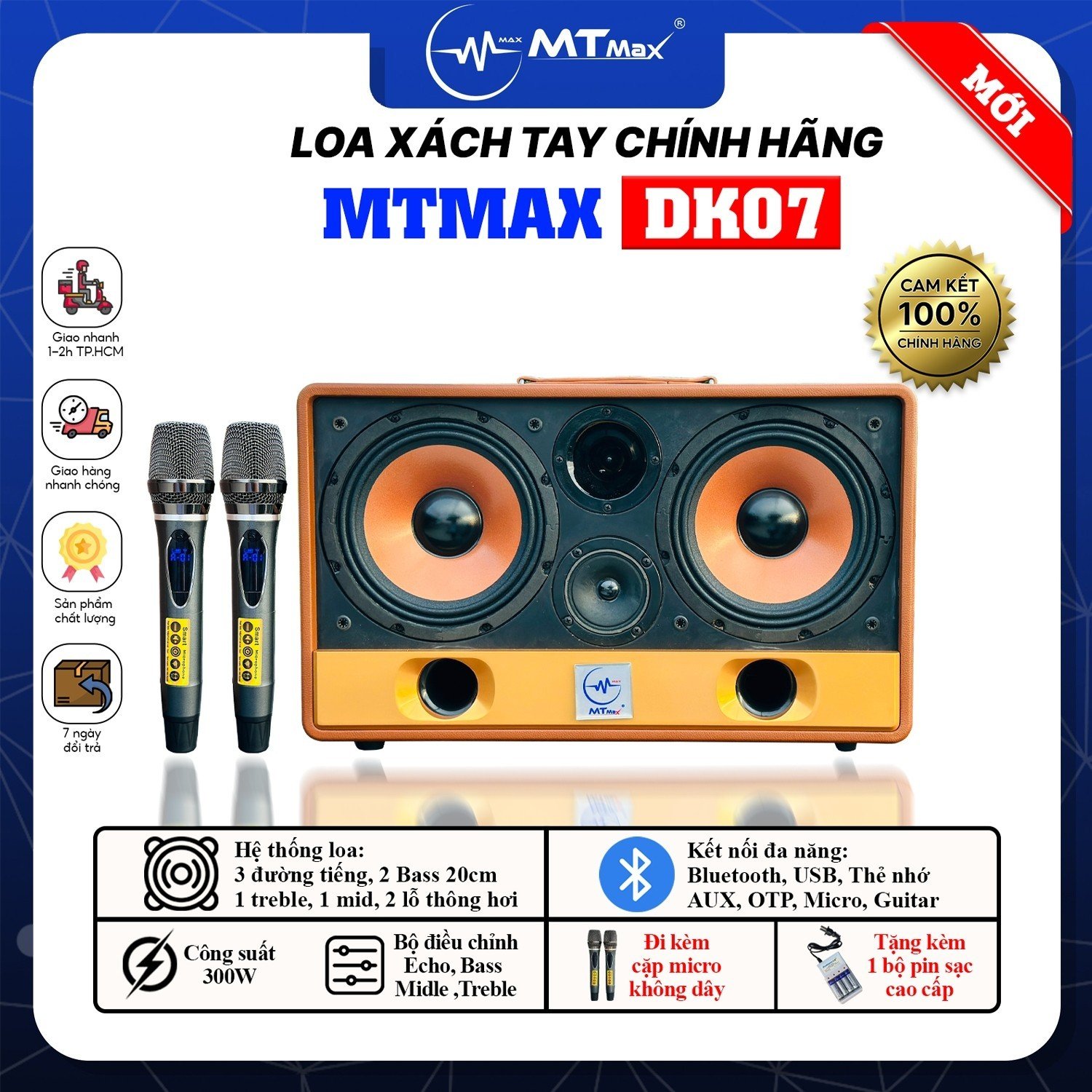 Loa Xách Tay Chính Hãng MTMax DK07 - Loa Karaoke Cao Cấp Công Suất Lớn 300W 2 Bass Trầm 20CM Công Nghệ Bass Boots Kèm 2 Micro Không Dây Giá Tốt Bảo Hành 12 Tháng hàng chính hãng