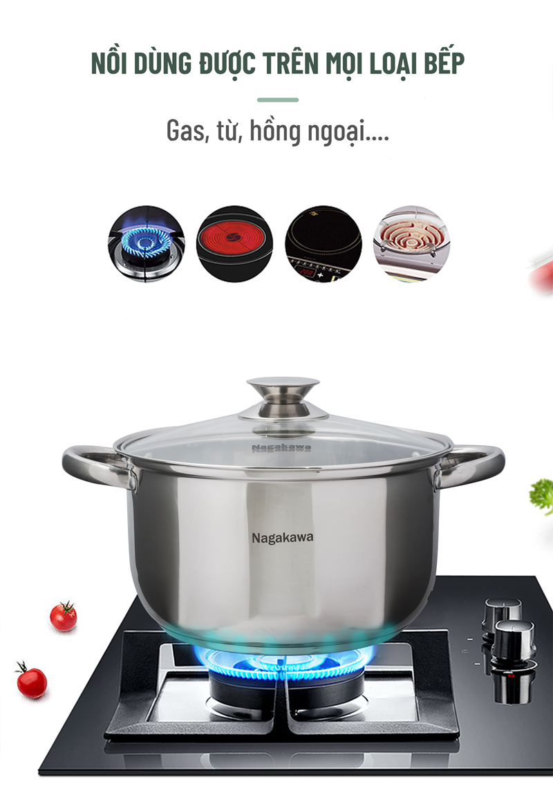 Bộ 3 Nồi Inox Cao Cấp 4 Đáy Nagakawa NAG1304 Dùng Cho Mọi Loại Bếp - Hàng Chính Hãng