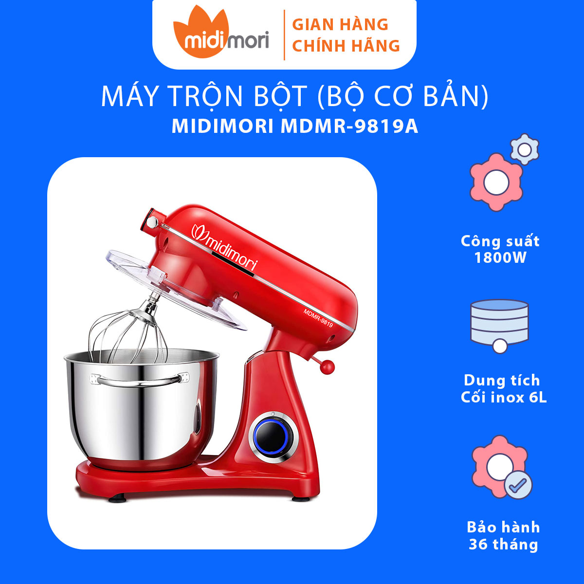 Máy nhào trộn bột thân khung thép Midimori, MDMR-9819A (1800W) – Hàng chính hãng