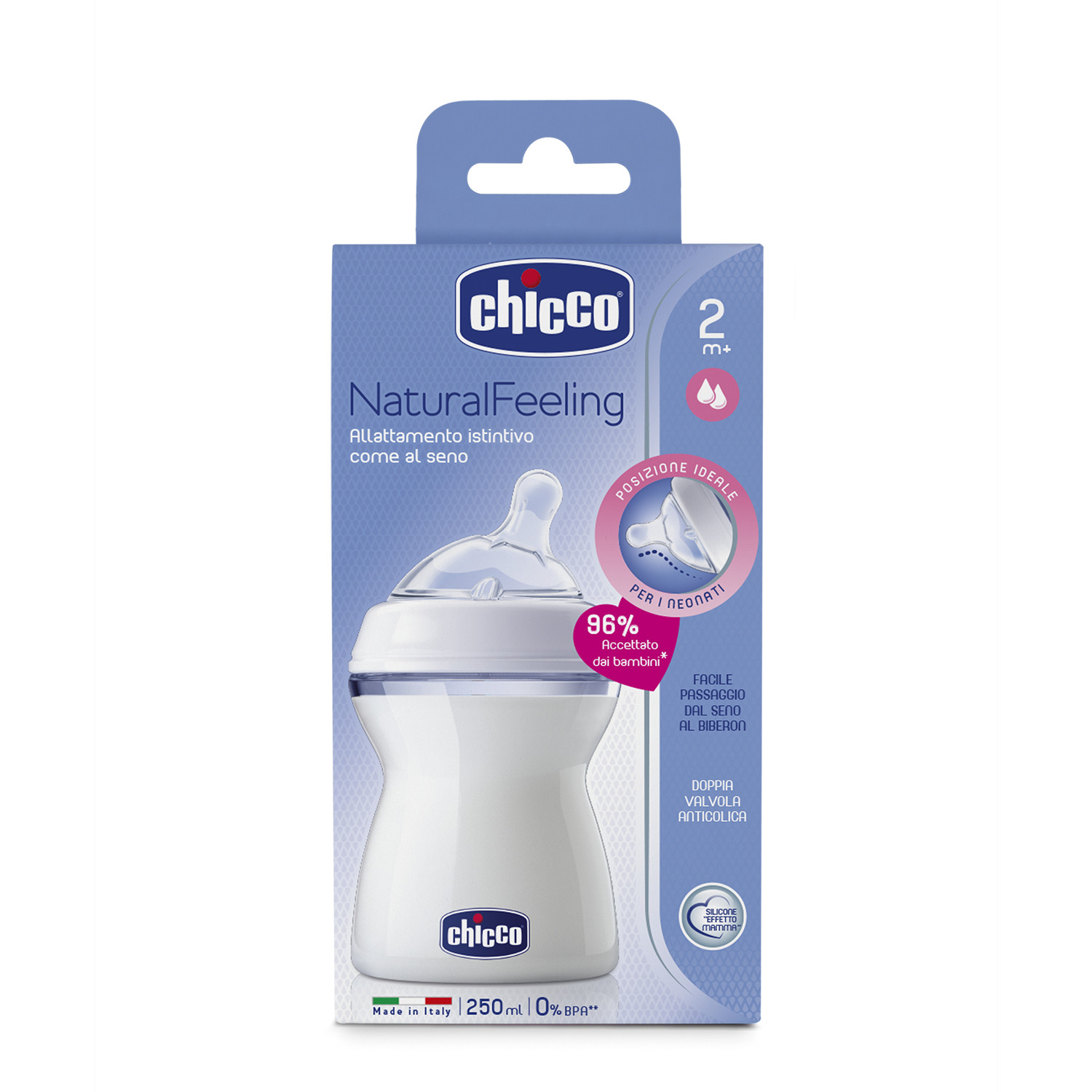 Bình sữa núm nghiêng Pisa Chicco Natural Feeling 2M+ 250ml