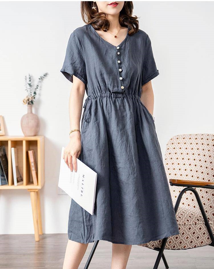 Váy sơ mi cổ V dáng suông dài basic vintage Hàn Quốc đơn giản nhẹ nhàng Haint Boutique Da173