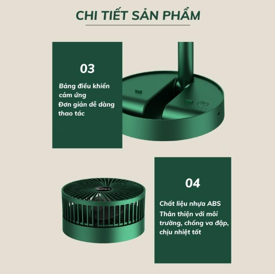 Quạt tích điện pin sạc để bàn mini gấp gọn kéo dài 3 tốc độ gió và sạc usb tiện lợi