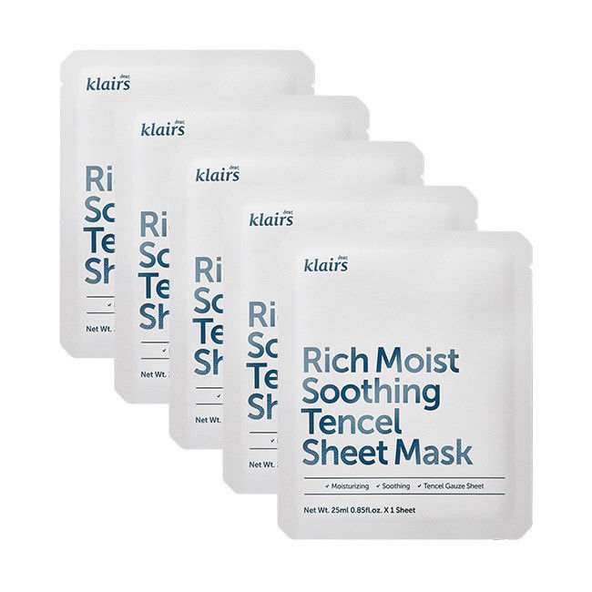 Combo 5 Mặt nạ dưỡng ẩm sâu, làm dịu dành cho da nhạy cảm, kích ứng Klairs Rich Moist Soothing Tencel Sheet Mask 25ml x5