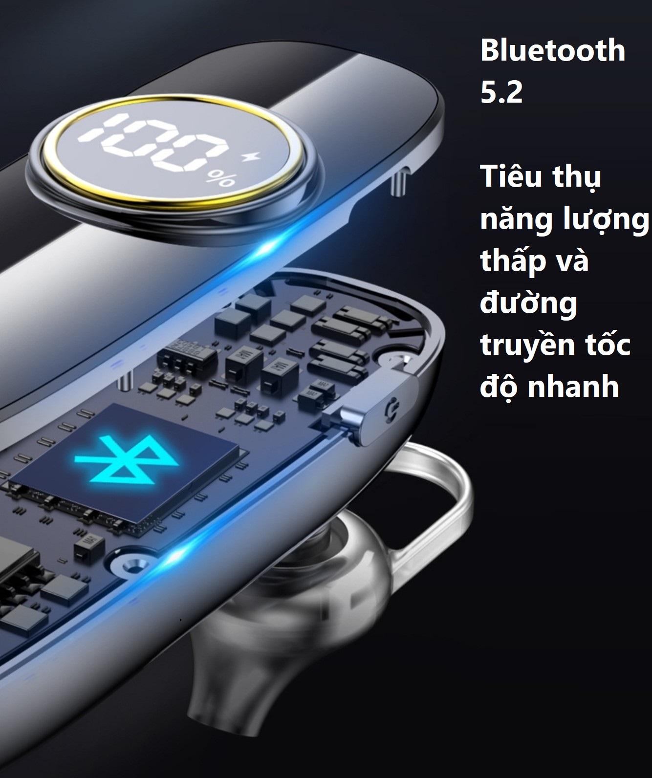 Tai Nghe Bluetooth Không Dây Chip 5.2 Màn Hình Led , Dung Lượng Pin Lớn 300mAh Có Thể  Sử Dụng Liên Tục Từ 20h - 40h .