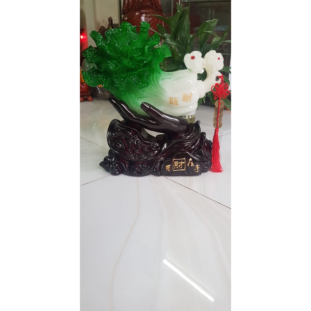 Tượng Bắp Cải Phong Thuỷ Xanh To Đẹp Trên Bàn Tay Nắm Giữ trọn Bắp Cải 5 Đồng Tiền Ngũ Phúc Dây Đỏ Đế Gỗ Tài lộc May Mắn Ý nghĩa bàn tay làm nên sự nghiệp gia chủ nắm giữ thu hút  của cải tài lộc tiền tài vào Size Cao 36cm Ngang 35cm Sâu 15cm ạ