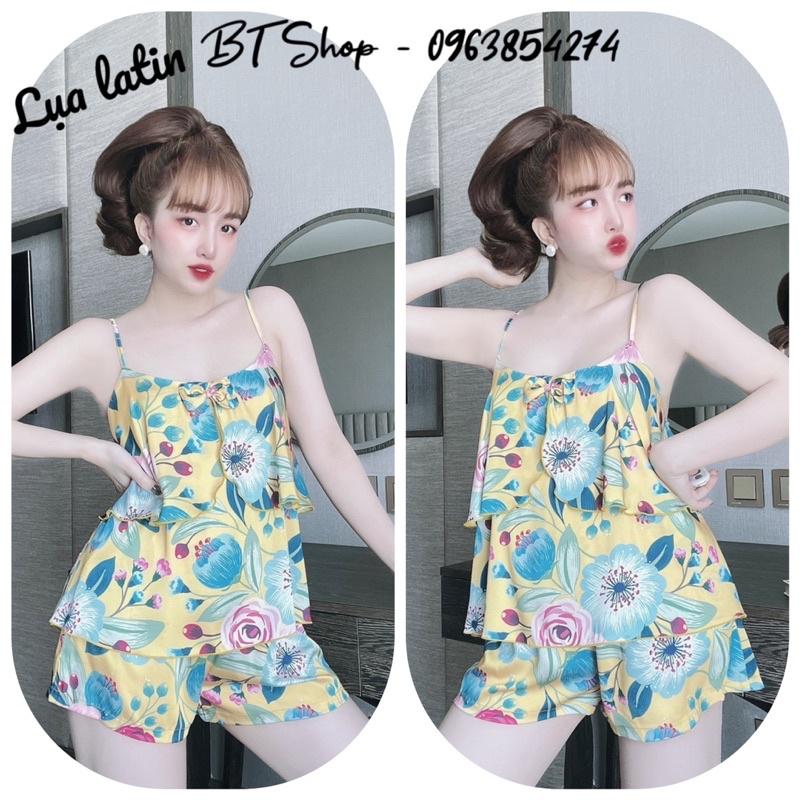 Đồ ngủ mặc nhà lụa latin 2 dây đùi hoạ tiết freesize 42-57kg