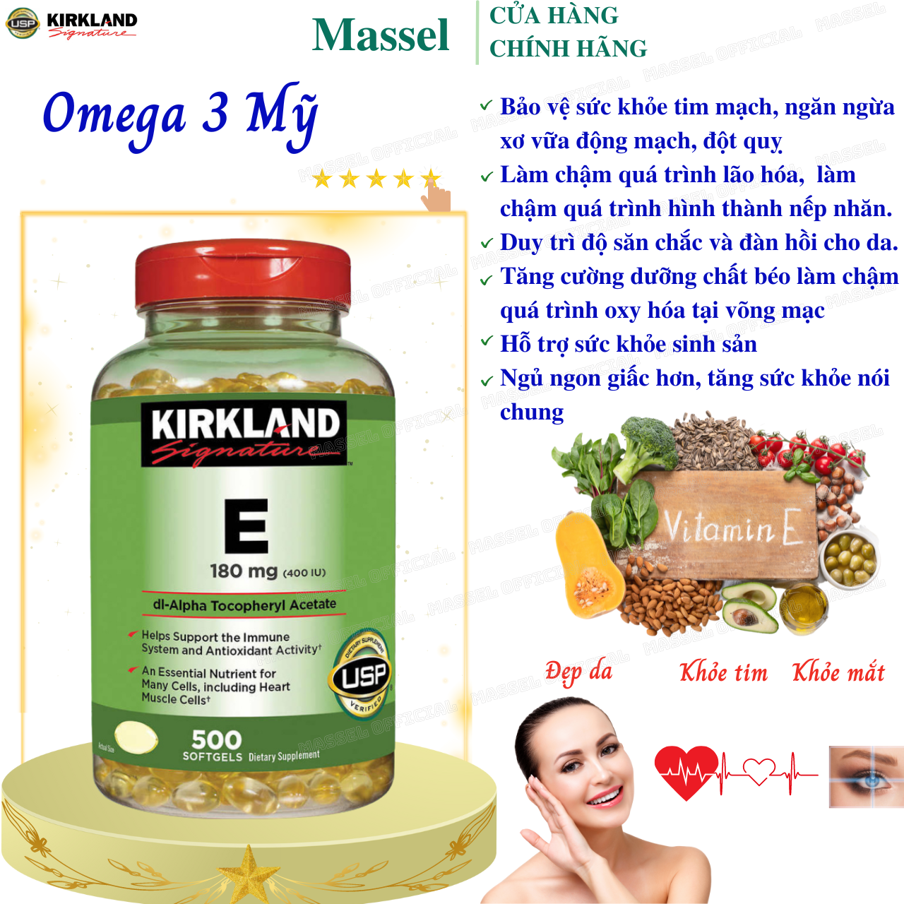 Vitamin E Mỹ Kirkland Signature E 180mg  – Chống Oxy hóa mạnh, làm chậm quá trình lão, đẹp da, tóc và tốt cho tim mạch - Massel Official - 500 Viên