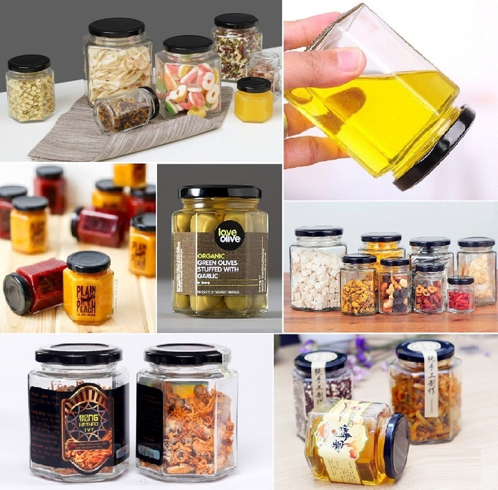 Combo 12 hũ thuỷ tinh nhỏ 180ml mẫu lục giác nắp thiếc đen vặn – hỦ thủy tinh đựng mật ong, yến chưng, dầu dừa, sữa chua, thực phẩm, hũ gia vị