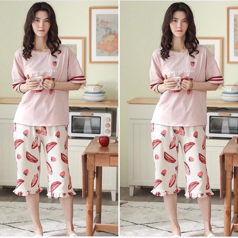 Bộ mặc nhà nữ thun cotton họa tiết strawberry viền bèo (C291)