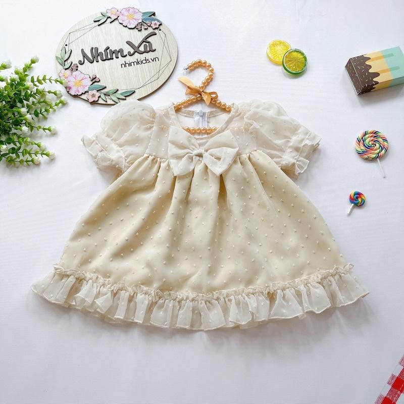 Váy Babydoll Màu Be Chất Tơ Nảy Hạt Nổi Lót Hubutai Cho Bé 5-32kg [V508