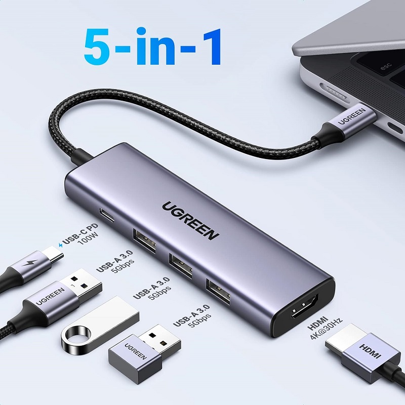 Hub USB Type-C 5 trong 1 Ugreen 15596 CM511, 1x HDMI 4K@30Hz, 3x USB-A 3.0, USB-C PD 100W hàng chính hãng