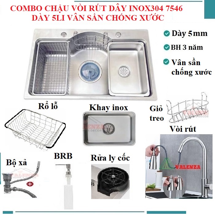 Chậu Rửa Bát 1 Hố Inox304 Bán Nguyệt Đúc Dày 5Li Vân Sần Chống Xước 7546 Valenza Kèm Vòi Rửa Bát Rút Dây Nóng Lạnh 01, Bộ Xả To Ngăn Mùi, Khay Inox Kín, Rổ Inox Lỗ, Bình Rửa Bát, Rửa Ly Cốc - Chậuxảvòikhayrổ Lỗbình Rửa Bátrửa Ly