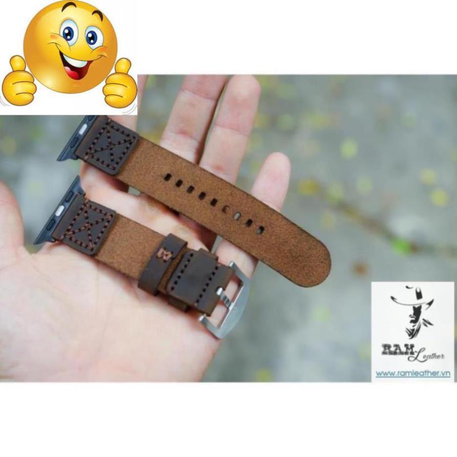 DÂY ĐỒNG HỒ DA BÒ THẬT MÀU NÂU ĐẤT MAY CHỈ - RAM LEATHER HÀNG CHÍNH HÃNG