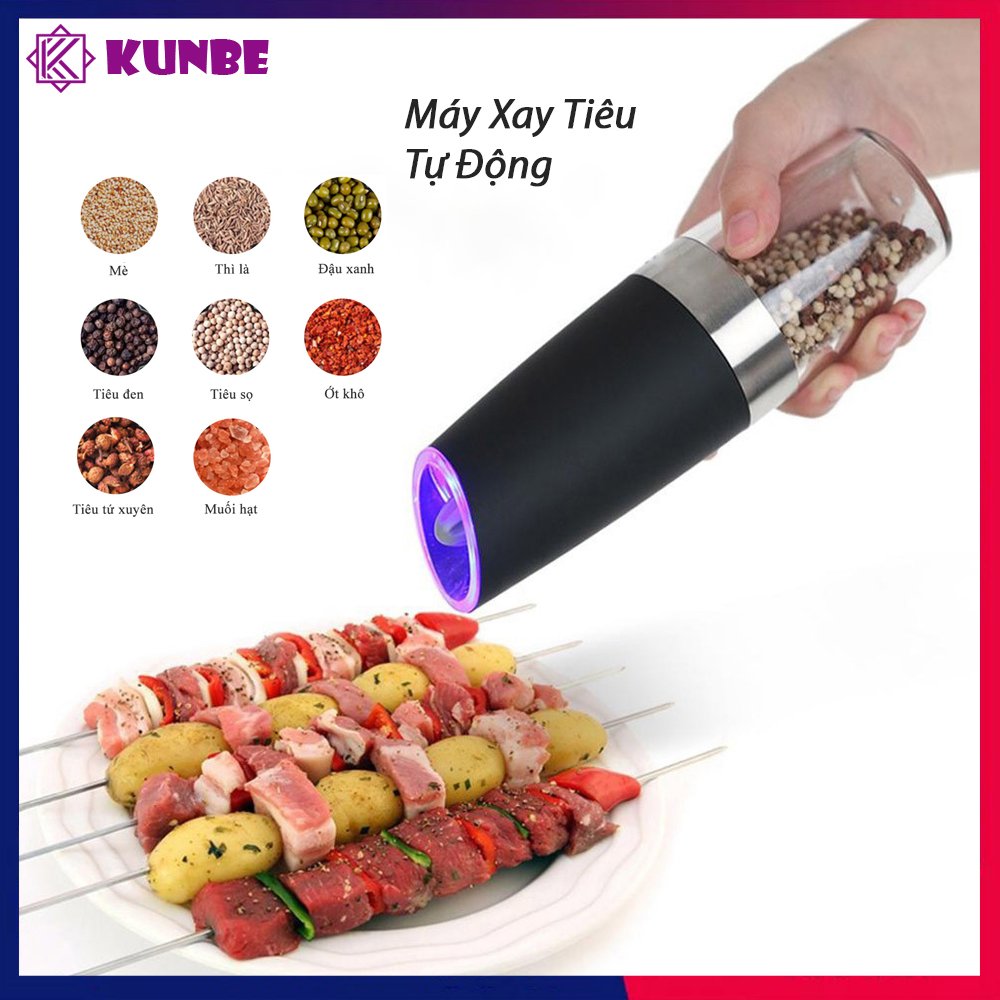 Máy Xay Tiêu Cầm Tay Tự Động Chạy Pin Kunbe - Cối Xay Hạt Gia Vị Có Đèn Led, Lõi Mài Gốm Ceramic Cao Cấp, Tiện Dụng