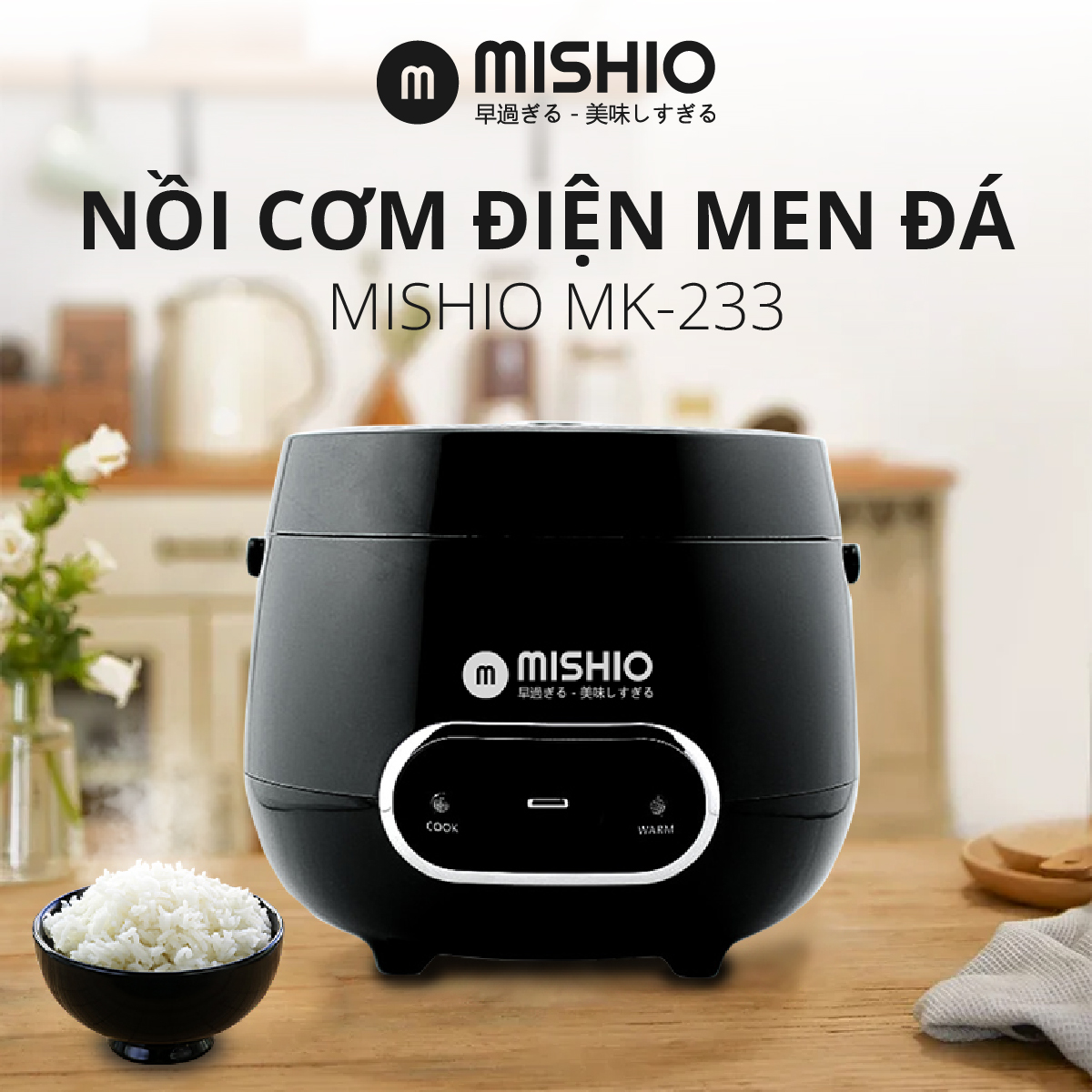 Nồi Cơm Điện Men Đá Mishio MK233 size 0.8L lòng nồi dày nặng nấu cơm ngon - Hàng chính hãng