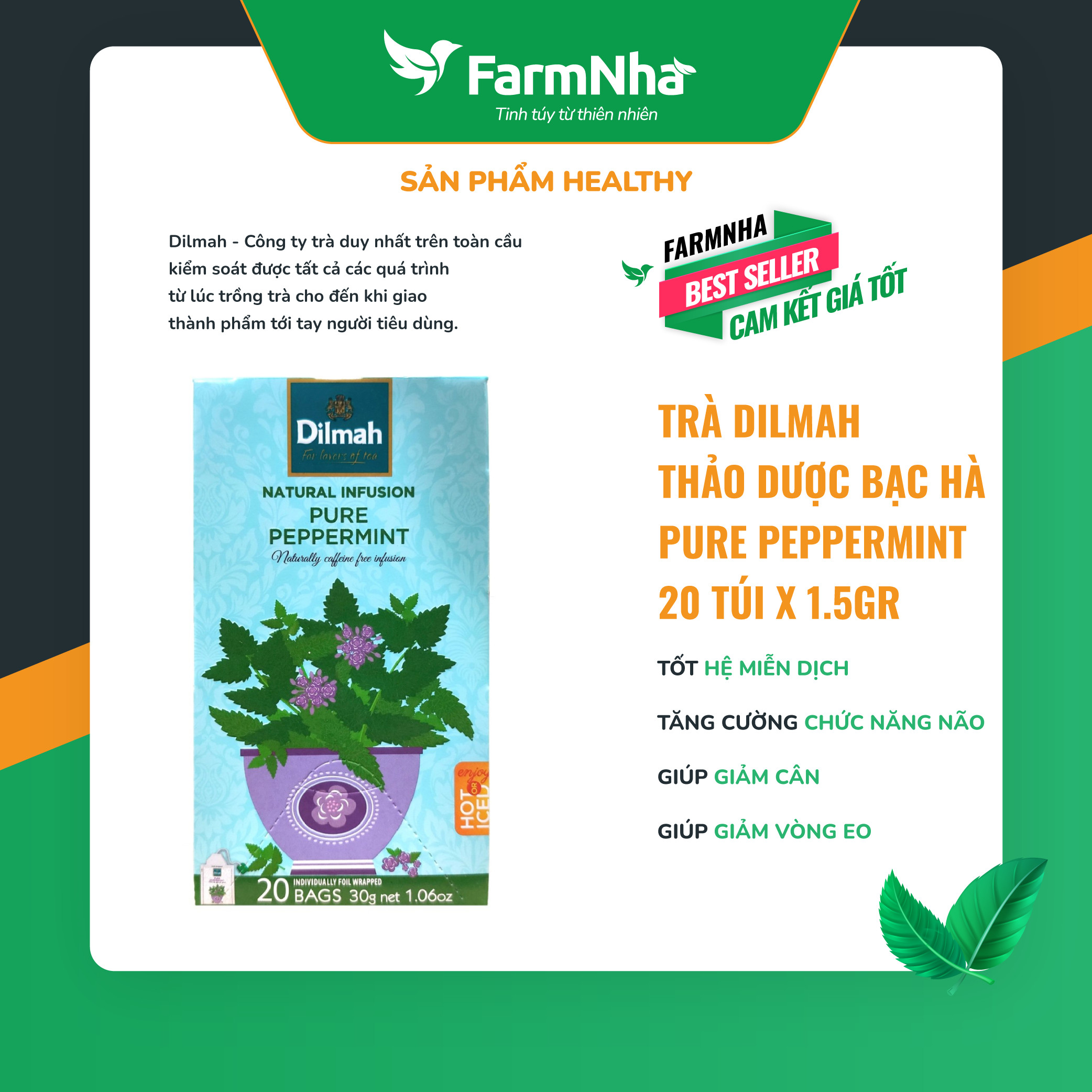 Trà Dilmah Pure Peppermint (Trà Thảo Dược Bạc Hà) túi lọc 20 túi x 1.5gr 30g - Tinh hoa trà Sri Lanka