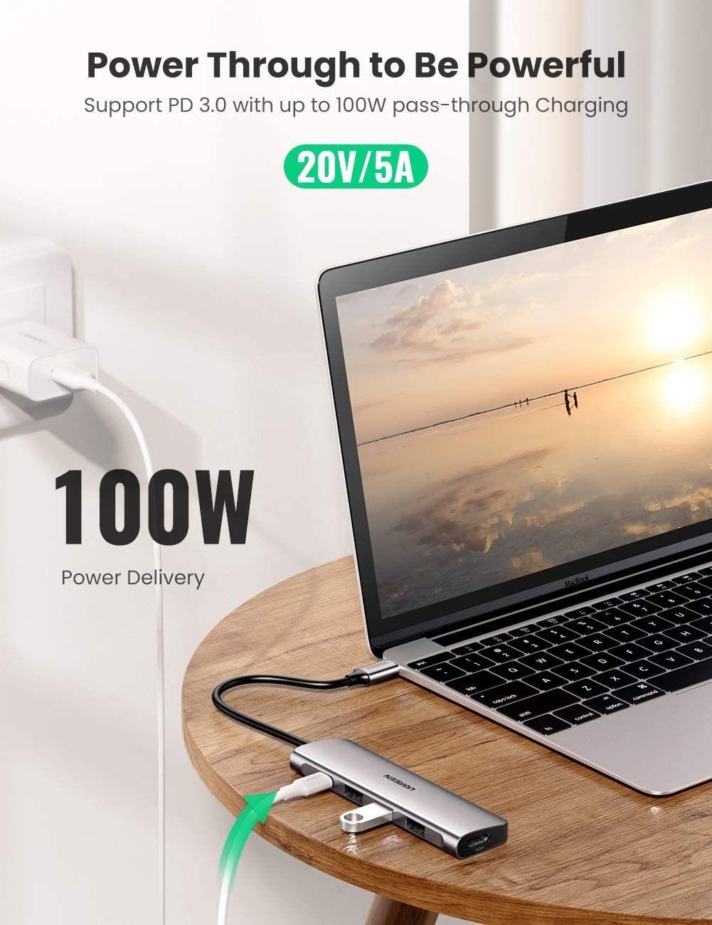 Ugreen UG70495CM136TK 5 trong 1 màu xám bộ chuyển USB type C ra 3*USB 3.1 sạc 100w PD 4K HDMI - HÀNG CHÍNH HÃNG